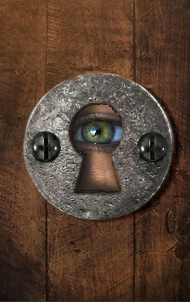 Chloe Watson - A green eye looking through an old large keyhole