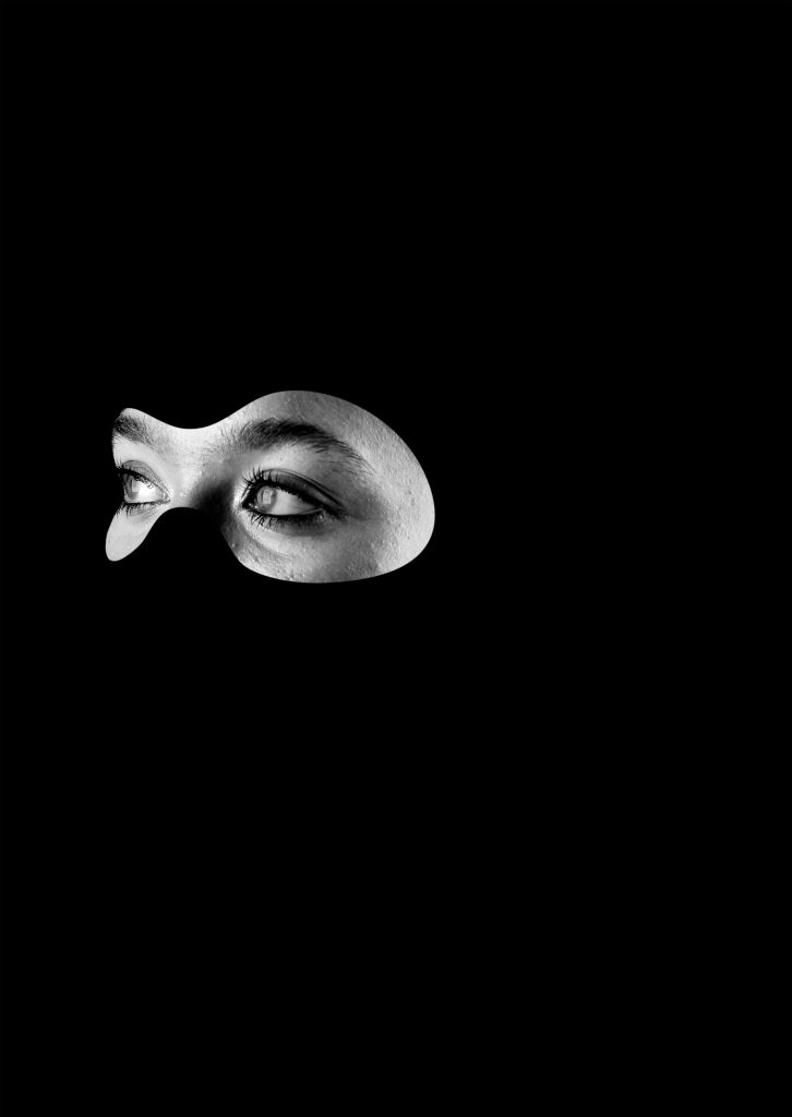 Freya Moss - Monochrome cut out image of a person's eyes, eyebrows and cheekbones on a black background