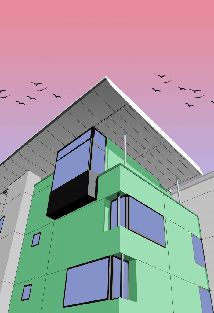 Hugo Leivers - The corner of a modern building with birds flying above in pastel green, pink and purple colours