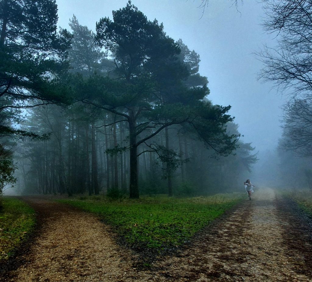 Evie Martin - Moody landscape image of a fork in the road in a forest, with a young girl running towards the camera through the mist.